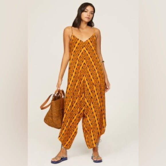 Kahindo Kano Orange Yellow Patterned Cropped Wide Leg Jumpsuit Size Large - Picture 9 of 9